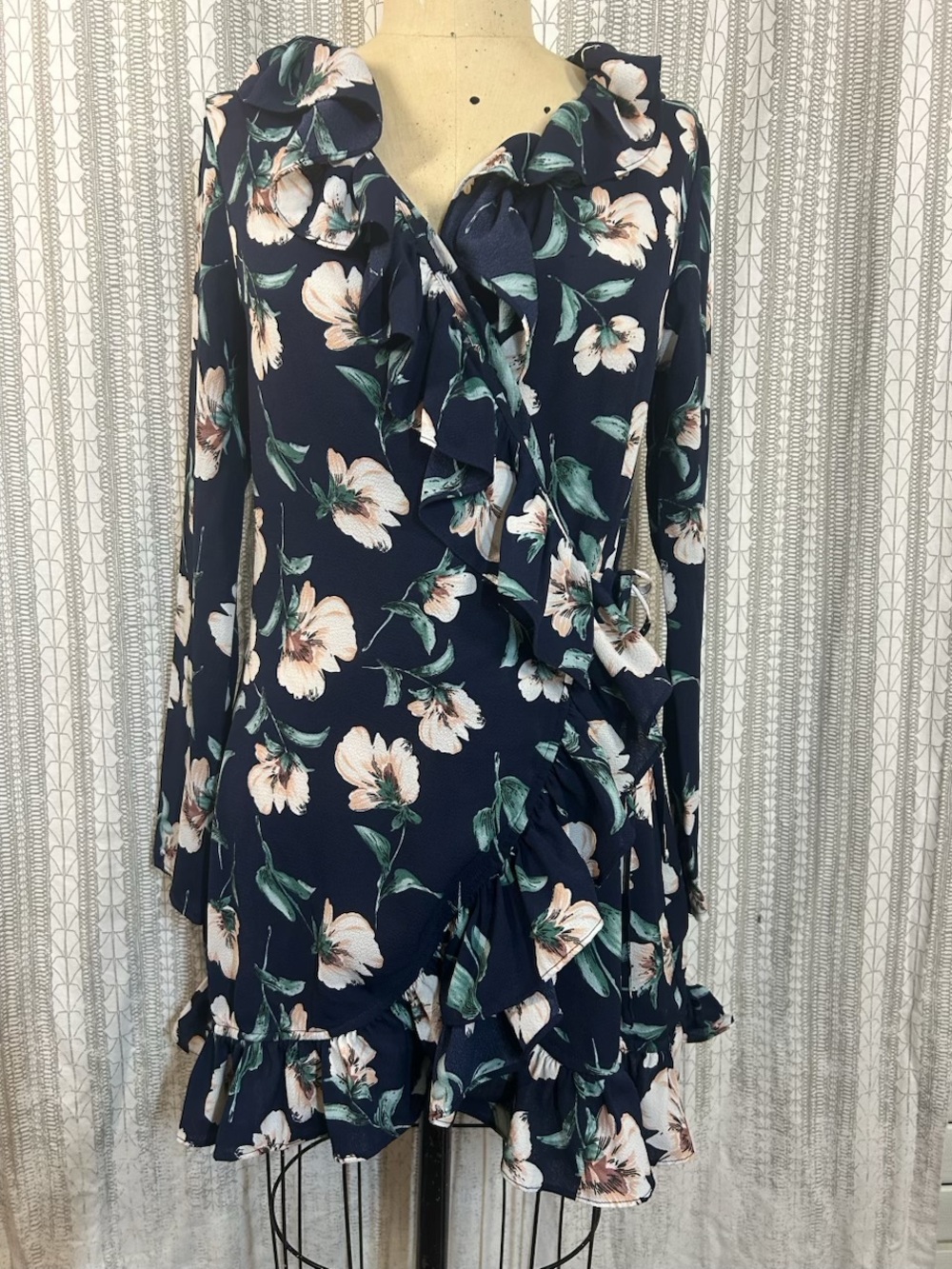 Navy Floral Ruffle Wrap Dress